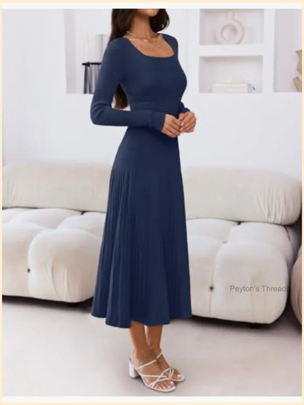 Square Neck Long Sleeve Pleated Knit Midi Dress - Picture 2 of 7